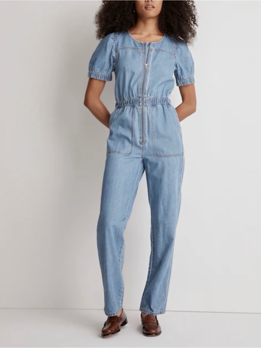 Madewell Denim Puff-Sleeve Zip-Up Coverall in Milburn Wash 
Minimalist Size 4